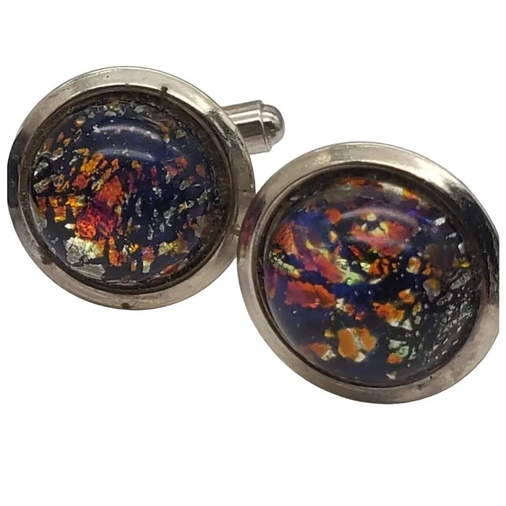 Retro Blue Goldstone & Confetti Foil Cufflinks Silver Tone Art Glass Shields Vtg